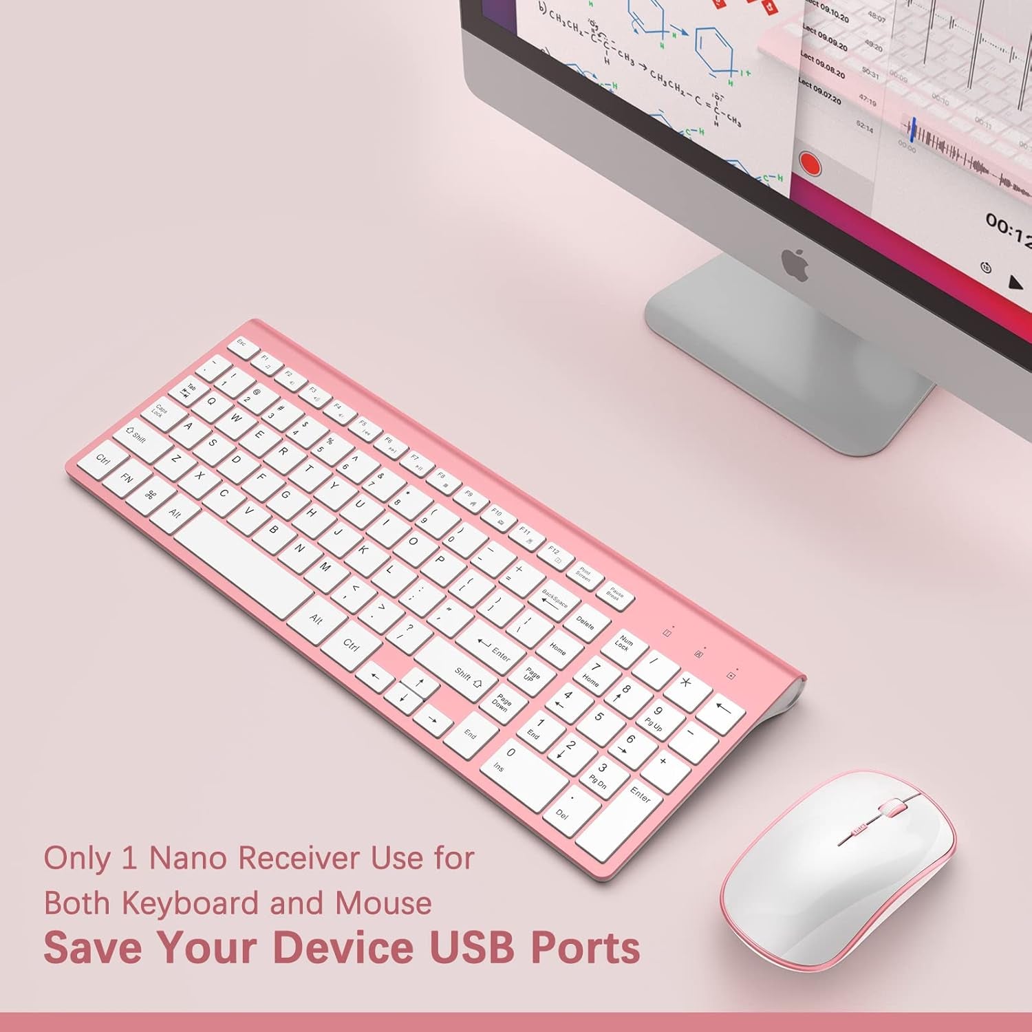 Wireless Keyboard Mouse Combo,Typewriter Keyboard Wireless, Portable Pink Keyboard for Computer/Laptop/Windows/Mac-Pink